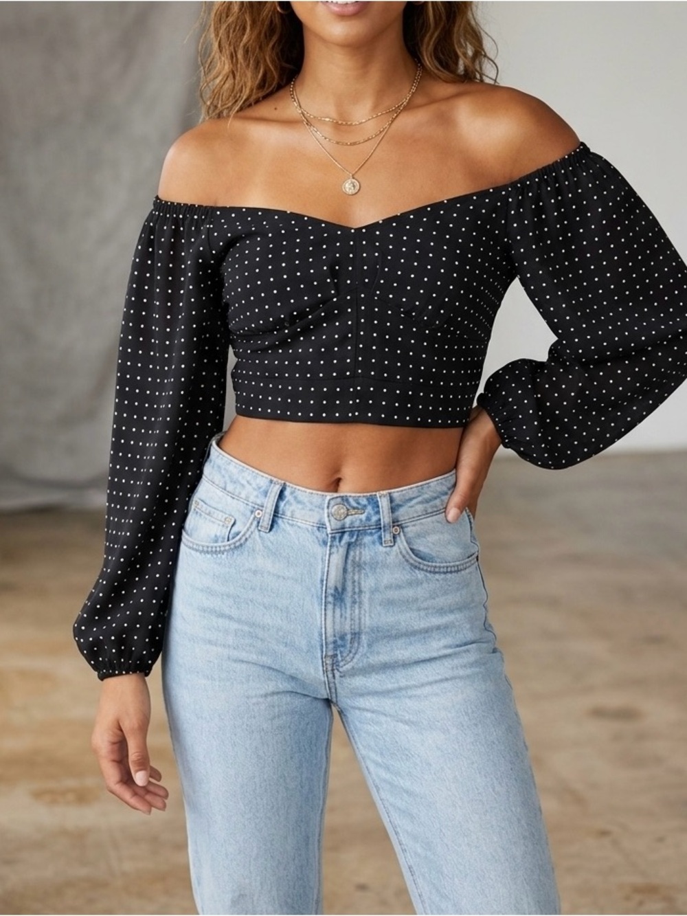 Derek Heart Black Polka Dot Off-Shoulder Puff Sleeve Crop Top